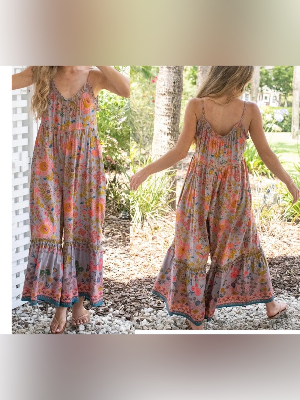 Natural Life Harley Jumpsuit Grey Peonies Floral Wide Leg Boho Ruffle Large NEW